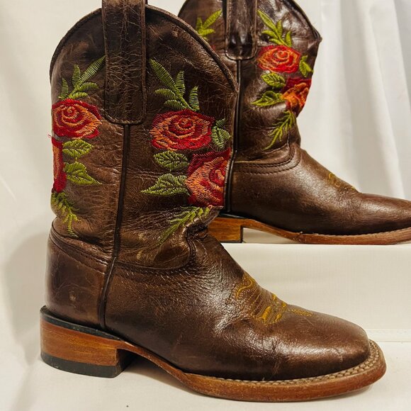 Dos Tonos Boots-Girls Sz 13-Brown Leather/Red/Green-1 1/4" Heel-Handmade Guatama - Picture 2 of 16